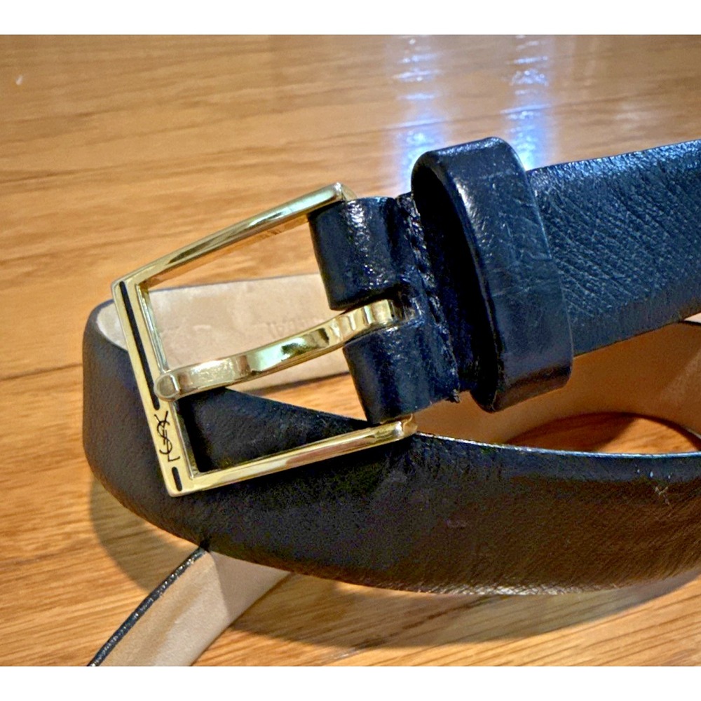 VTG Men Yves Saint Laurent Belt Black 1" LEATHER SOLID BRASS Made Uruguay 32/80*